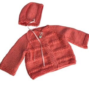 Handmade‎ Knit Cardigan Bonnet Set Girls Small Coral Pink Princess Snap Sweater